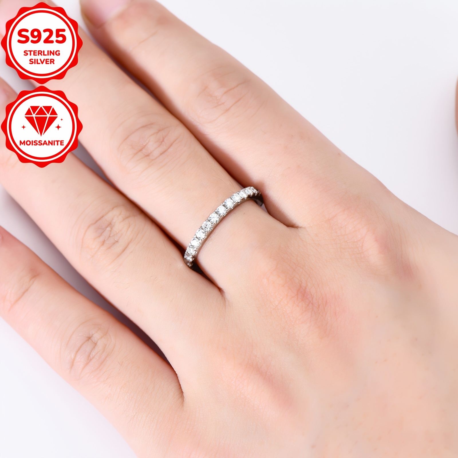 925 Silver Moissanite Stackable Band Ring 2mm 0.03ct Size 4-10